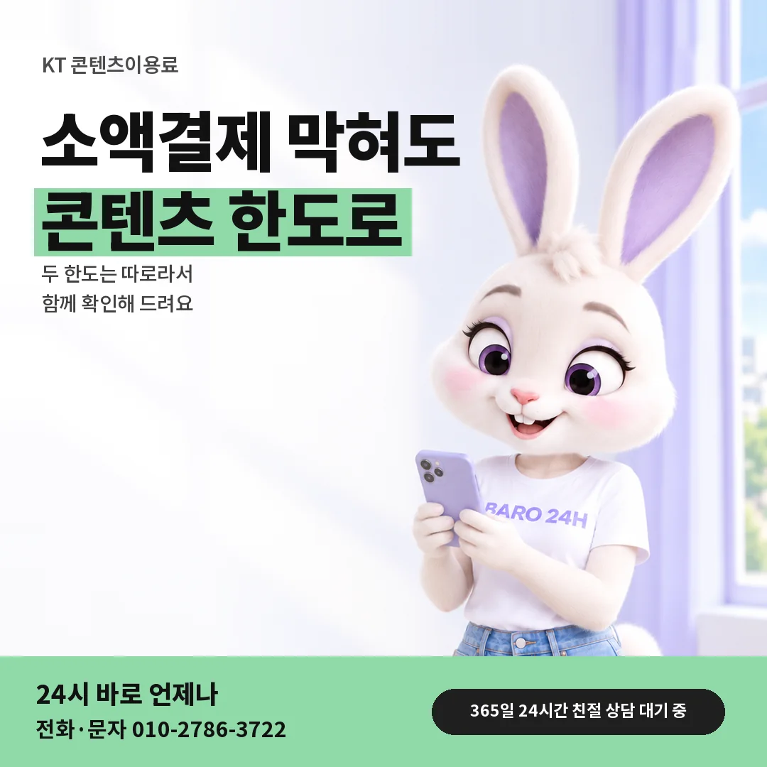 BARO 24H 티셔츠를 입은 3D 토끼 캐릭터 옆에 「KT 콘텐츠이용료로 진행」 제목을 얹은 안내 카드