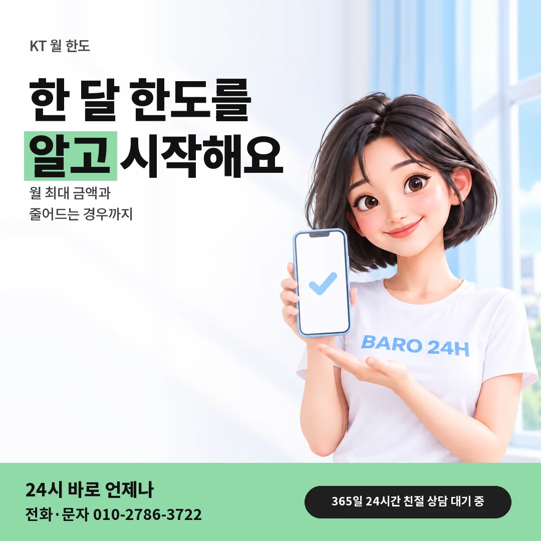휴대폰을 든 BARO 24H 티셔츠를 입은 3D 인물 옆에 「KT 소액결제 월 한도」 제목을 얹은 안내 카드