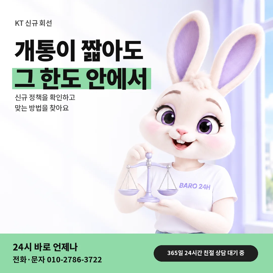 저울을 든 BARO 24H 티셔츠를 입은 3D 토끼 캐릭터 옆에 「KT 신규 개통 한도」 제목을 얹은 안내 카드