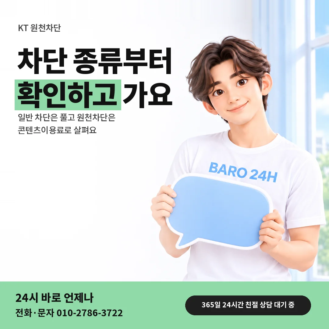 말풍선을 든 BARO 24H 티셔츠를 입은 3D 인물 옆에 「KT 원천차단 확인」 제목을 얹은 안내 카드
